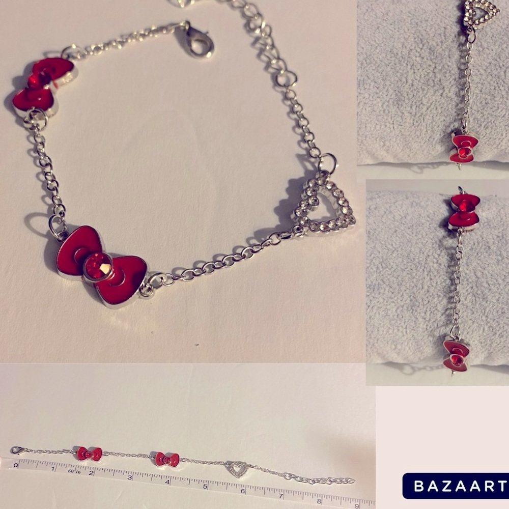 Bracelet, Rhinestones, Heart, bows, Silvertone, playful, Minnie Mouse​, NWOT - Picture 12 of 13